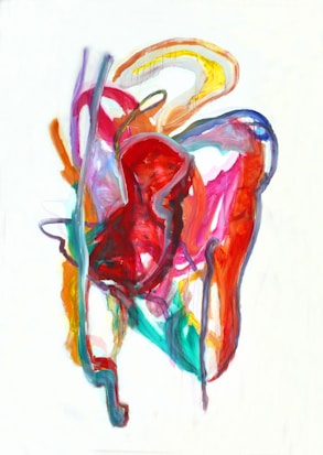 A painting of a red, orange, and blue horse
