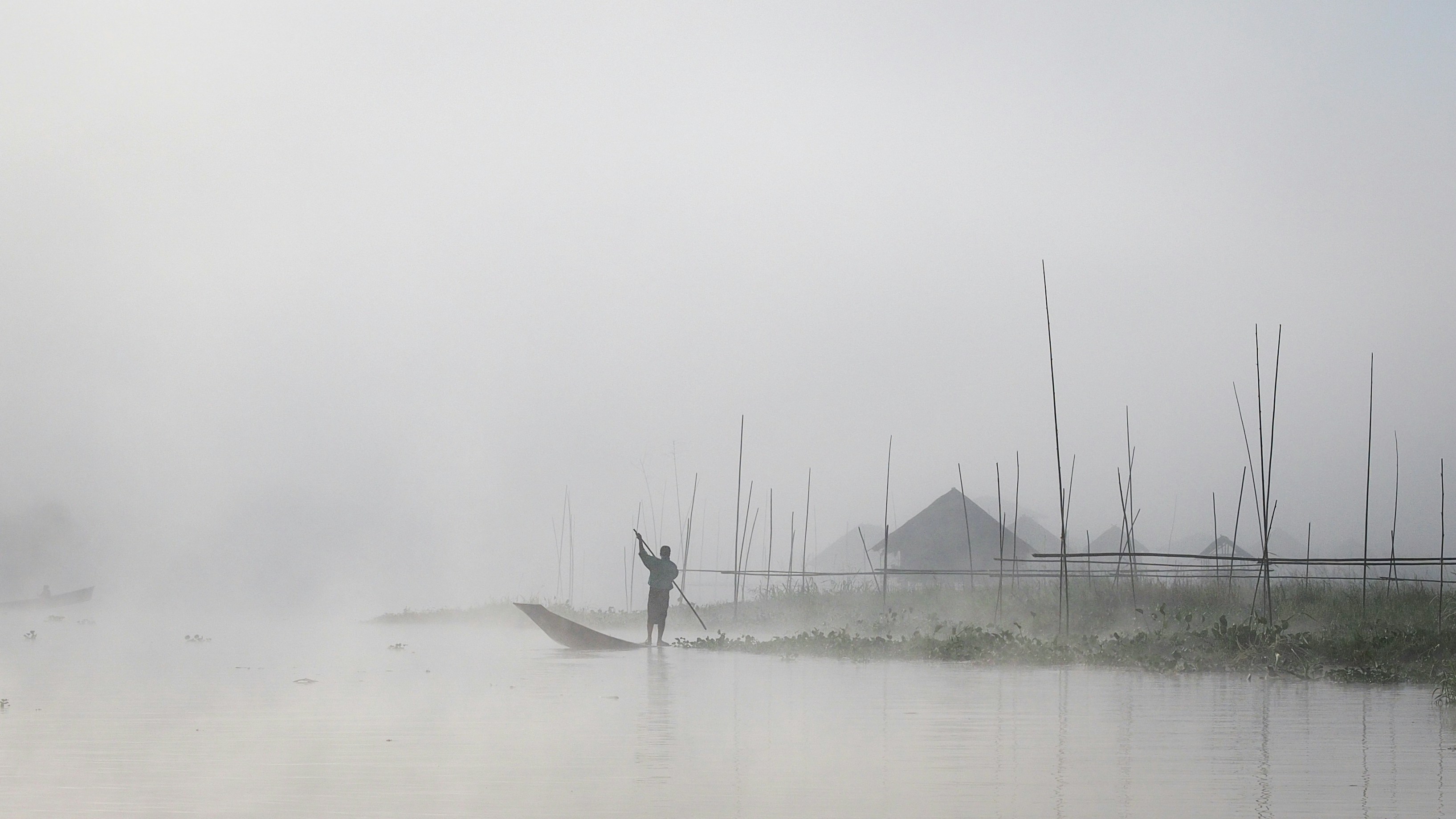 Eine Person, die an einem nebligen Tag in einem Gewässer steht