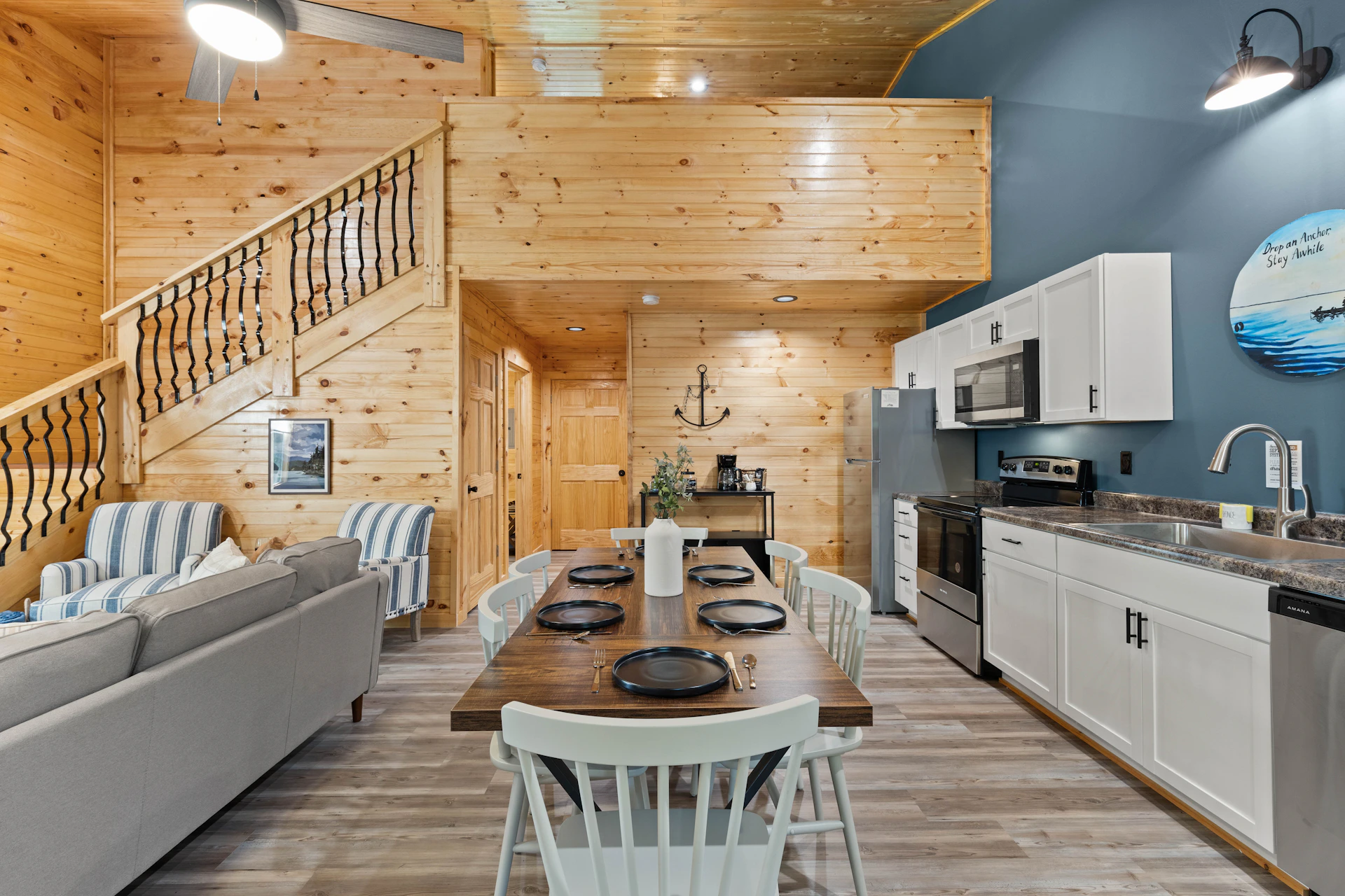 A kitchen and living room in a cabin