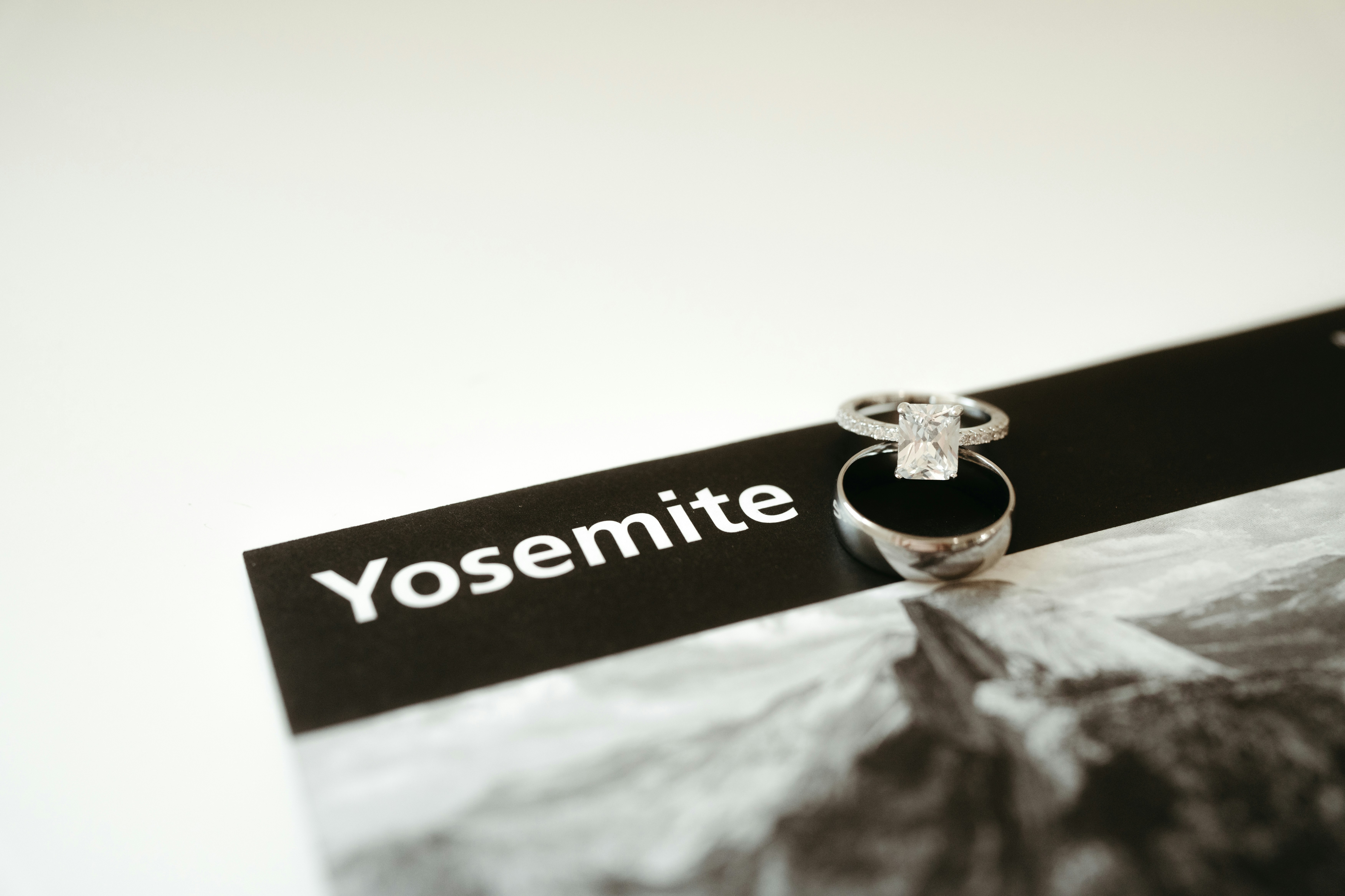 A pair of wedding rings placed on a map for a Yosemite National Park elopement wedding.