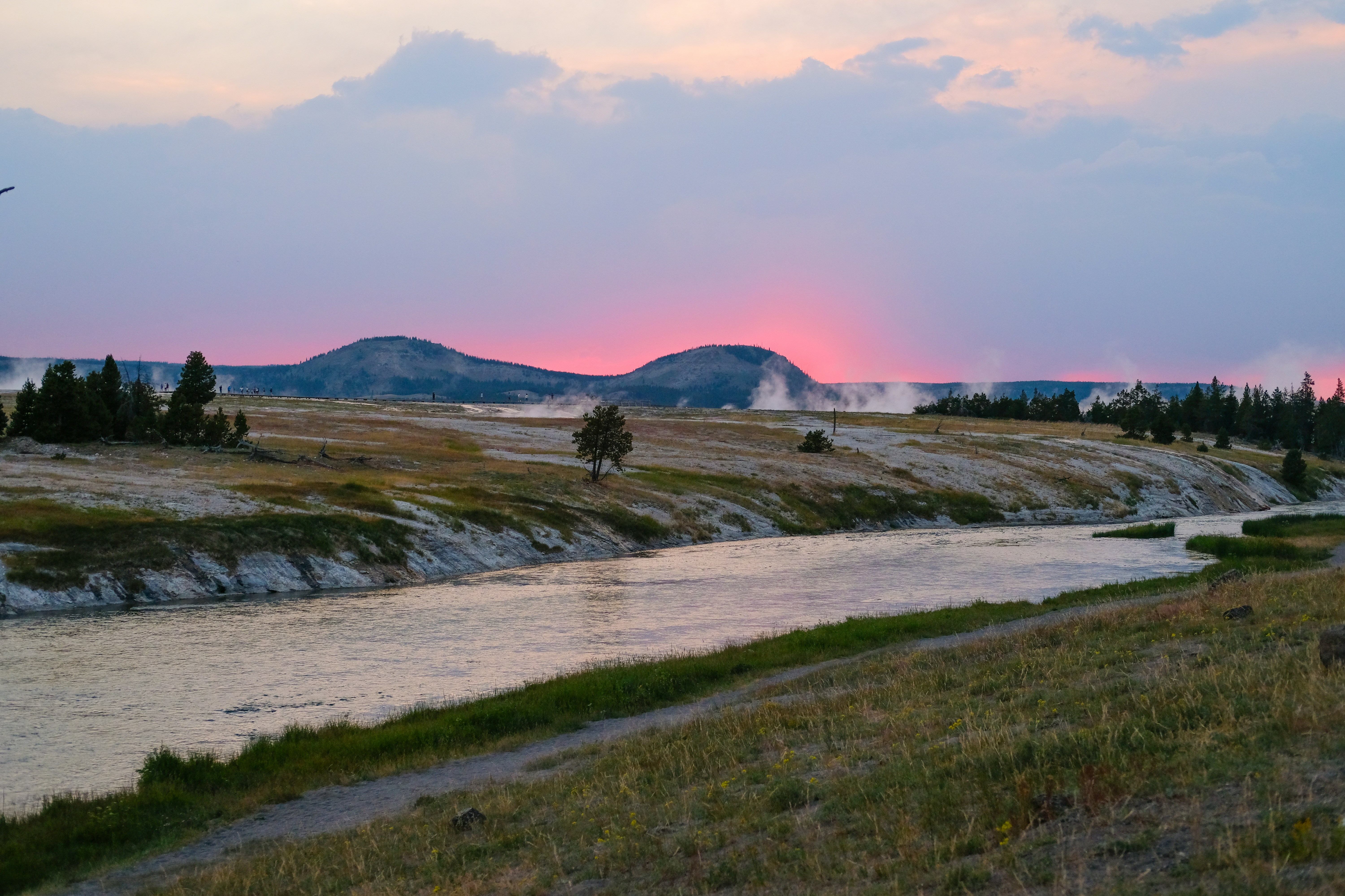 A river running through a lush green field