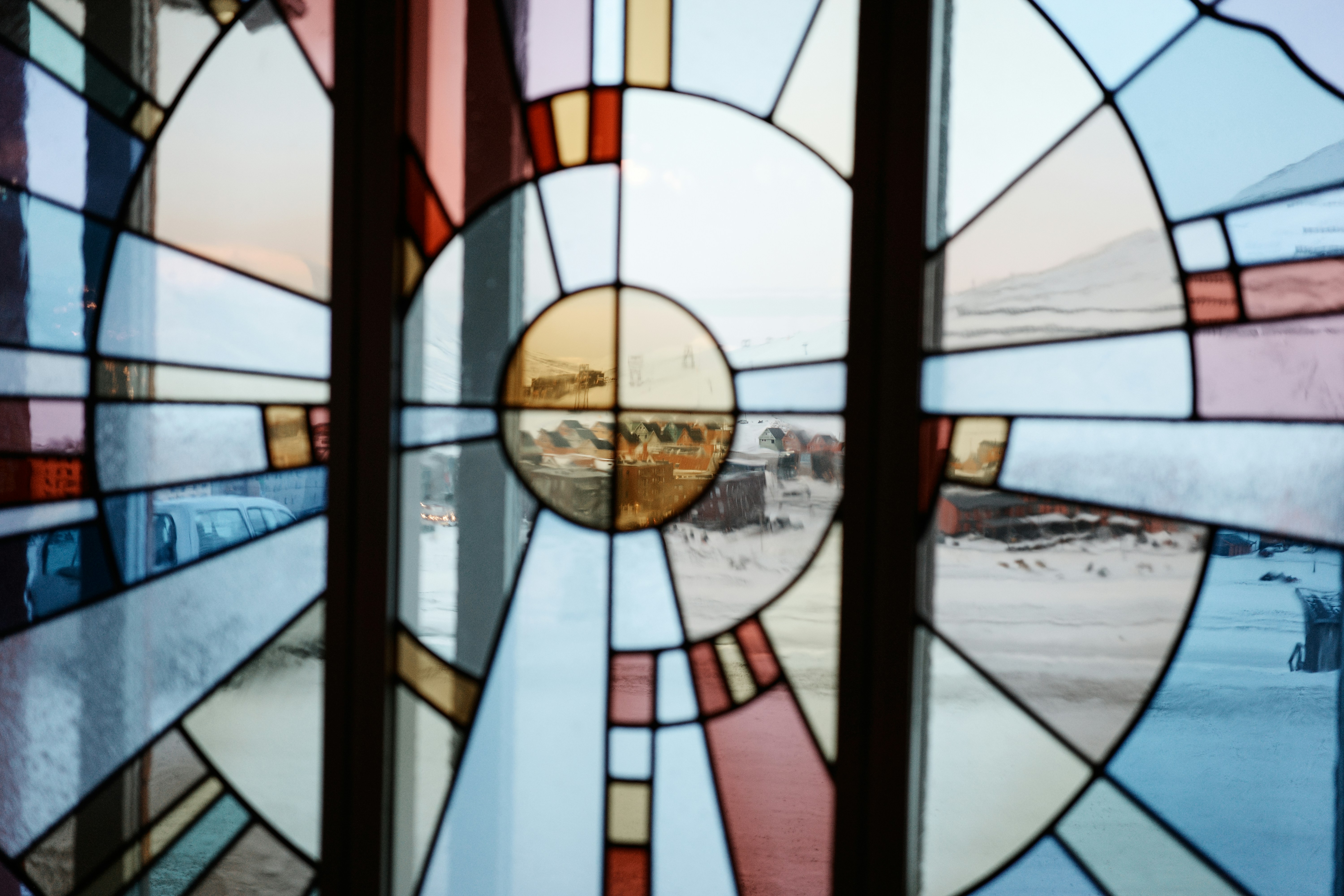 A close up of a stained glass window