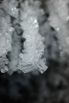 A black and white photo of snow crystals