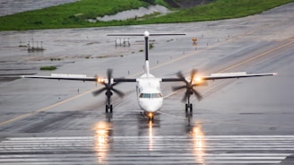 A small propeller plane on a wet runway