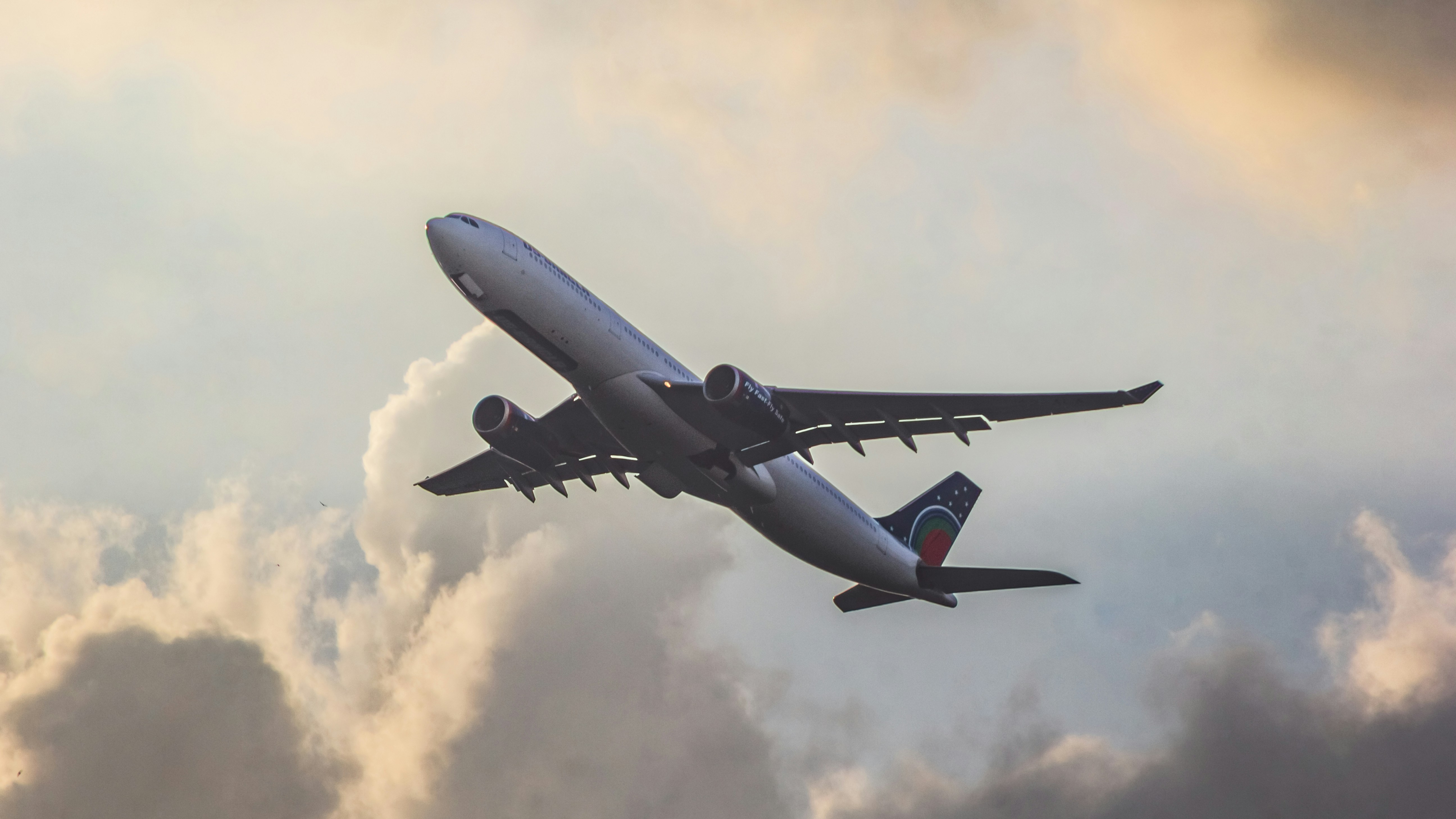 A large jetliner flying through a cloudy sky, 