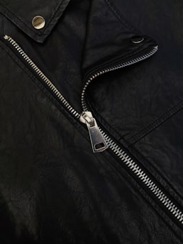 A close up of a black leather jacket
