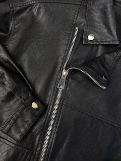 A black leather jacket with a zipper on the back