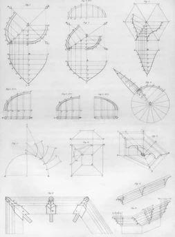Architectural diagrams and technical drawings of geometric shapes