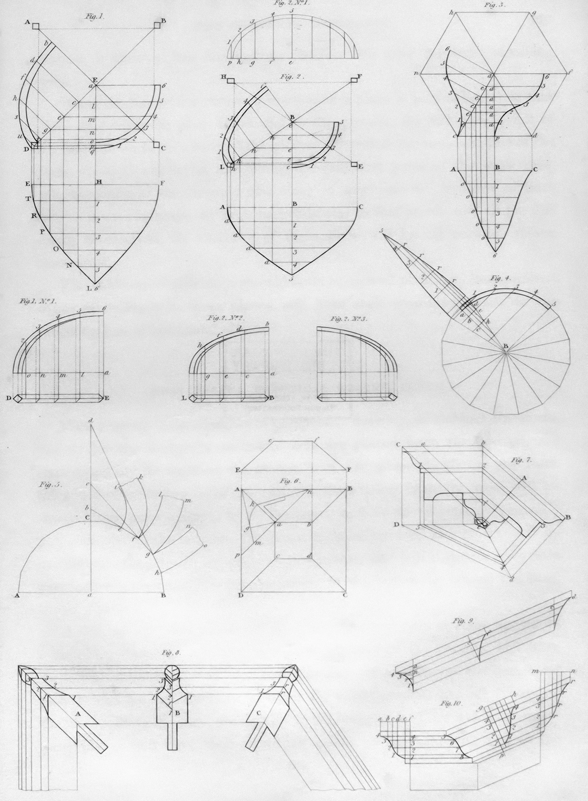 Architectural diagrams and technical drawings of geometric shapes.
