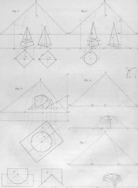 Technical drawings of geometric shapes and projections