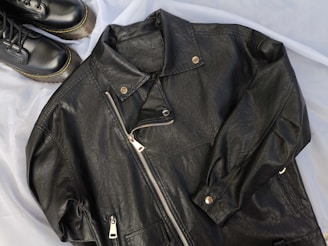 A pair of black shoes and a black leather jacket