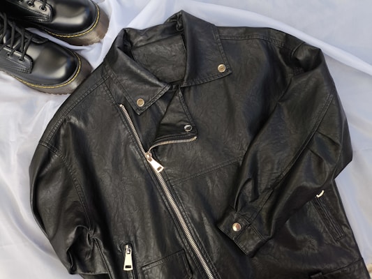 A pair of black shoes and a black leather jacket