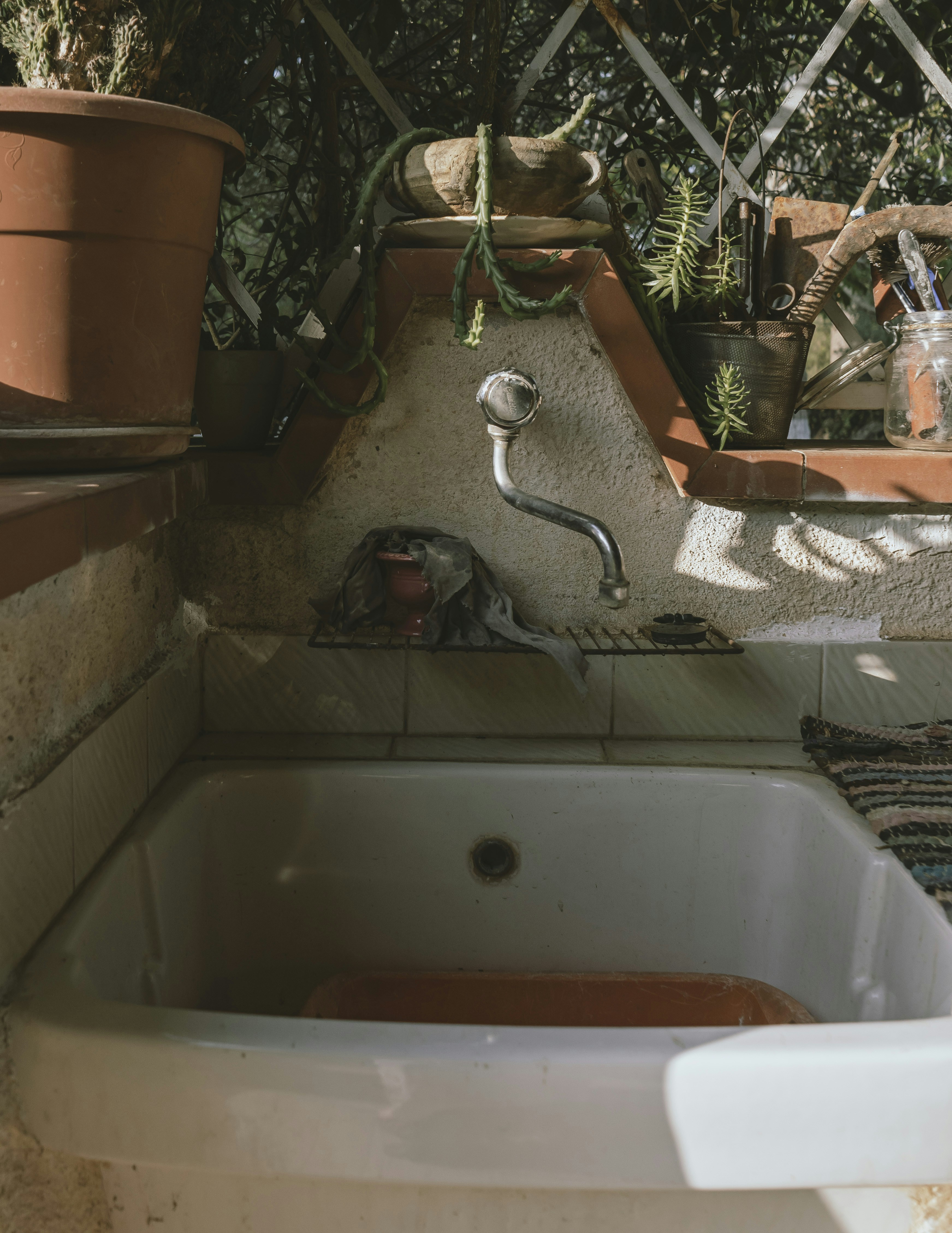 A bath tub sitting under a window next to a potted plant