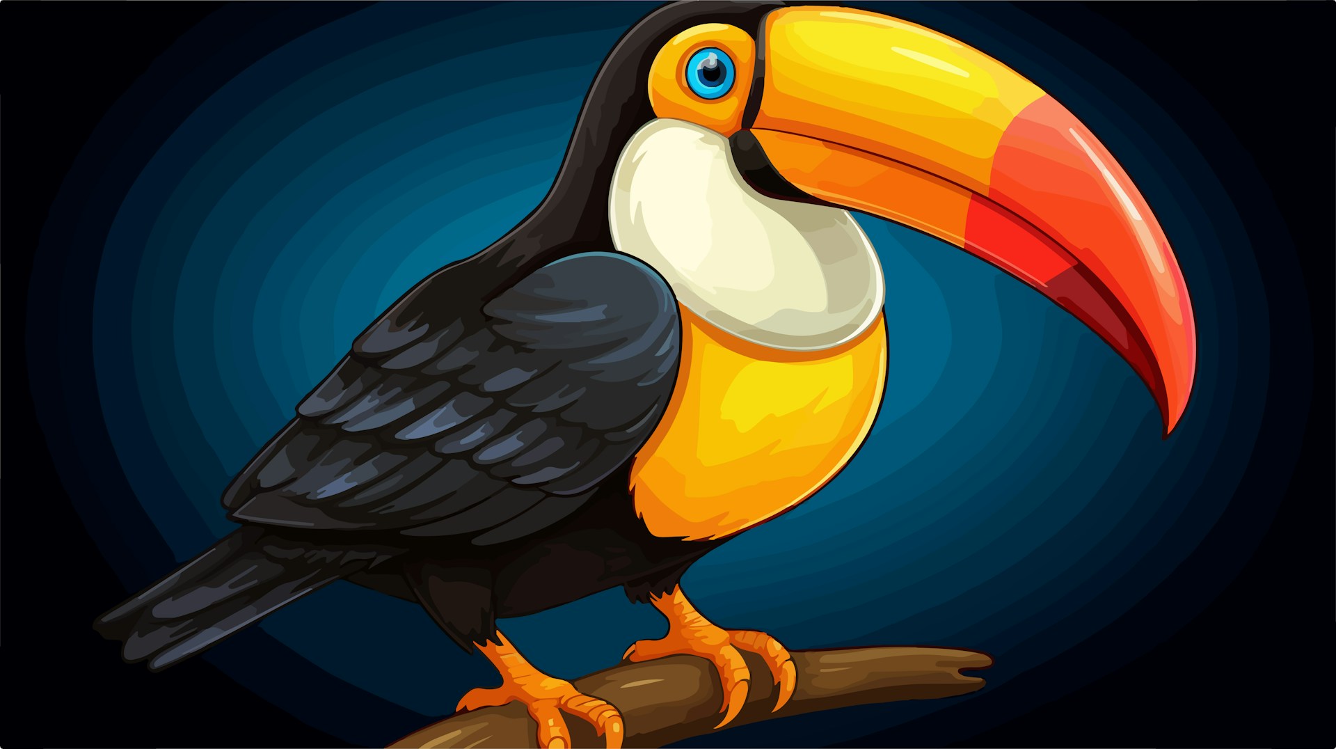 A toucan sitting on a branch with a blue background