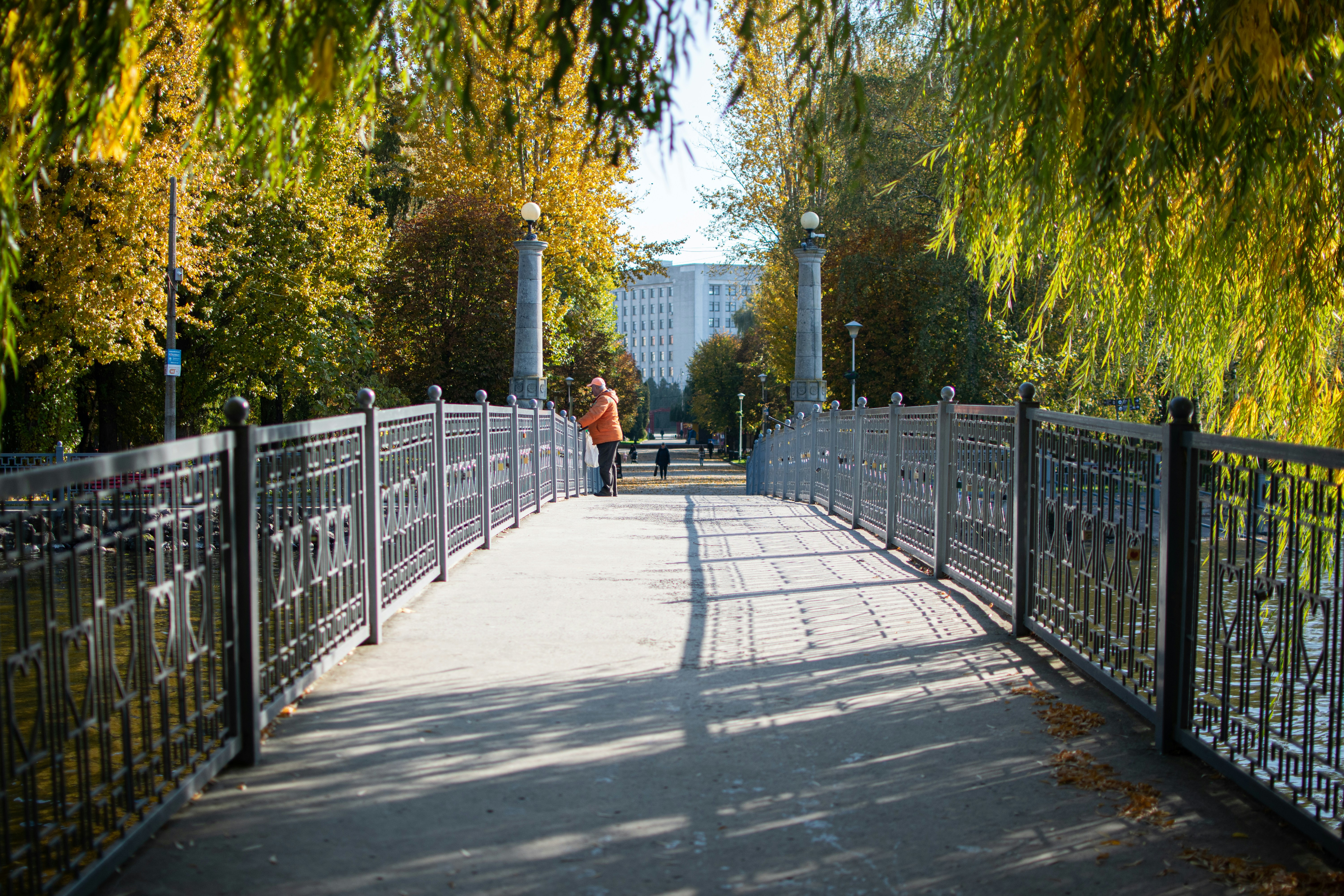 A person walking on a bridge over a body of water