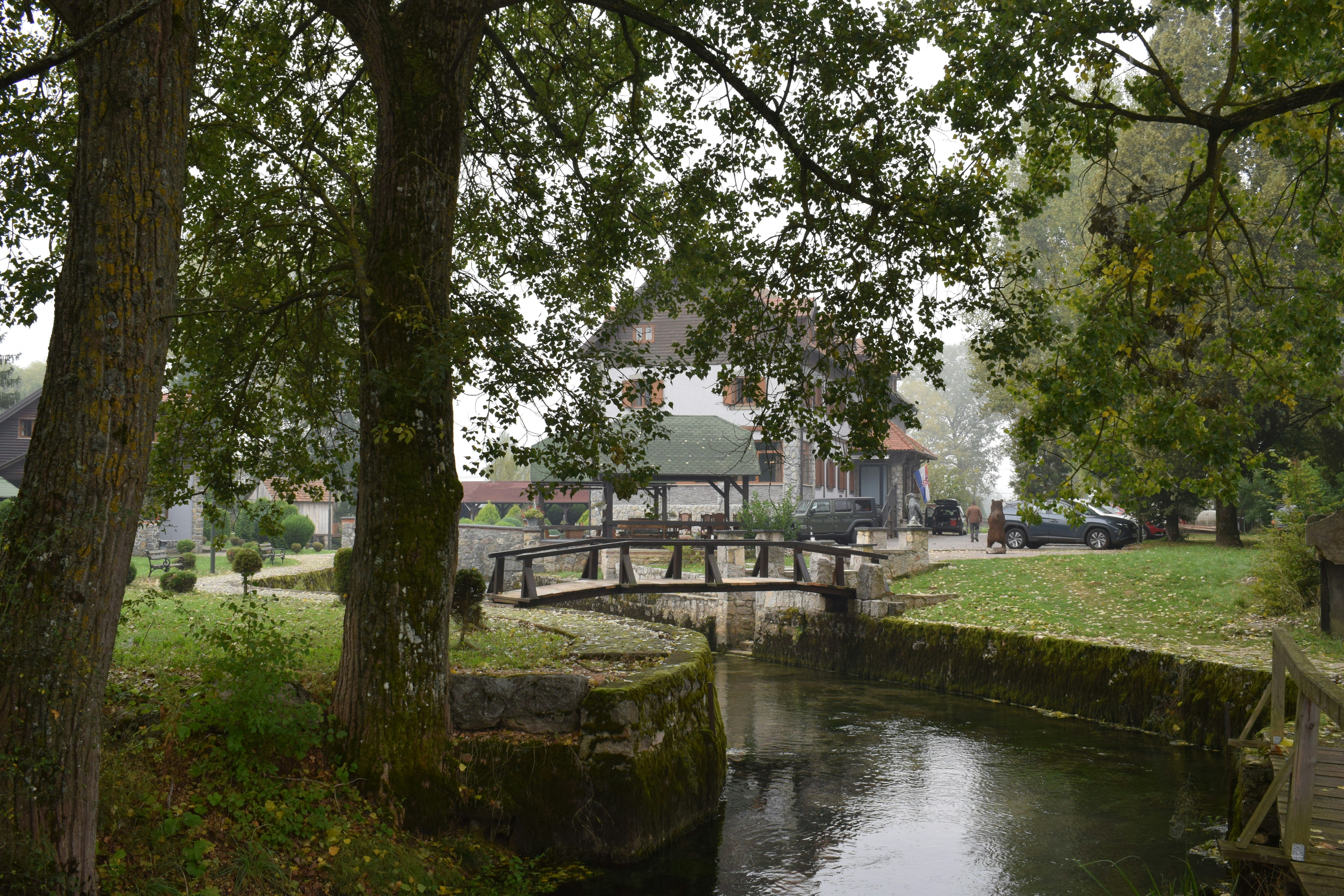 A river running through a lush green park