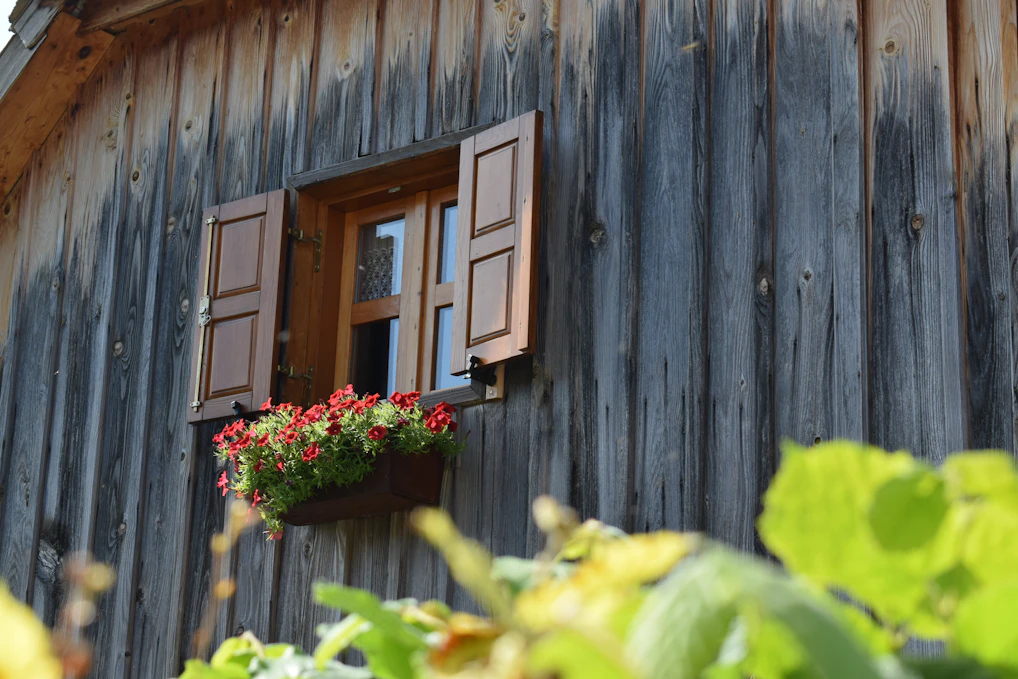 A wooden building with a window and flower box