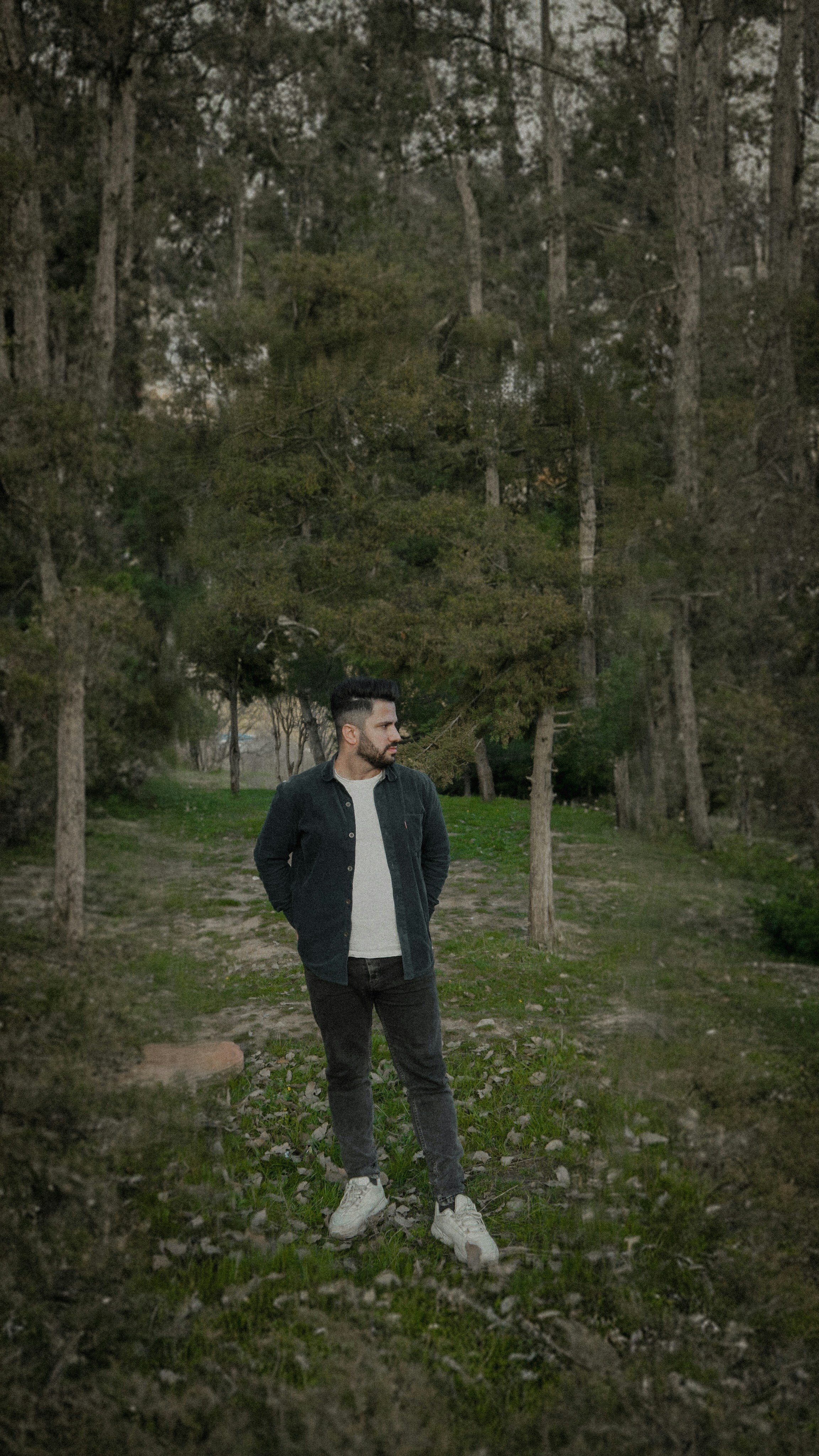 A man standing in the middle of a forest