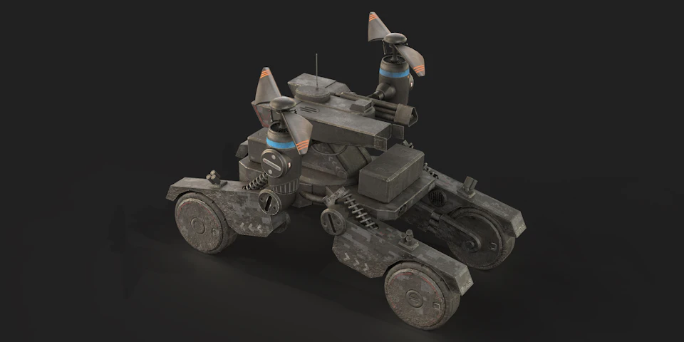 Gray robot with spinning propellers faces right in 3D rendering against solid-colored background