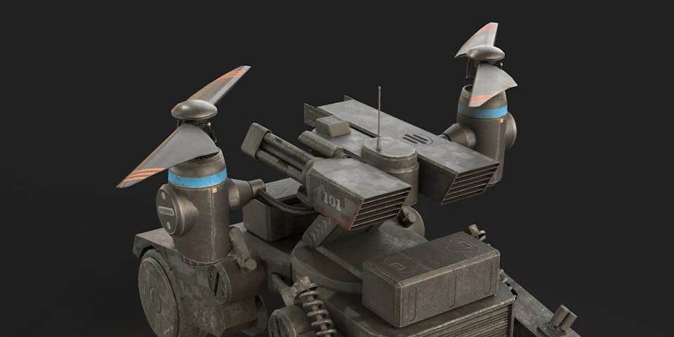 Robot with large wings on back and smaller wings on sides has blue antenna