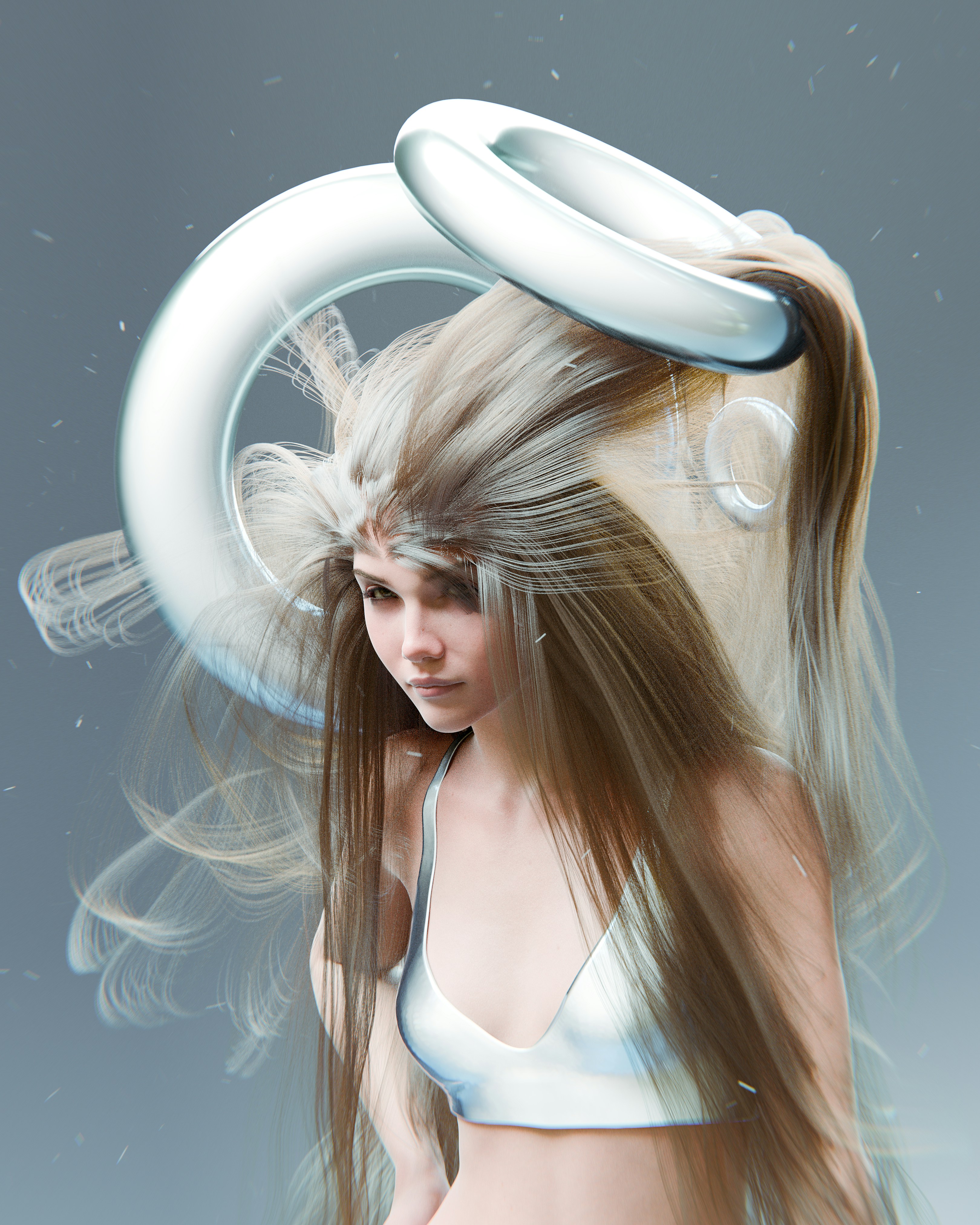 A woman with long hair and a ring around her head