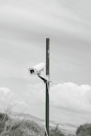 A black and white photo of a camera on a pole
