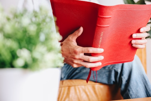 A person sitting on a chair holding a red book