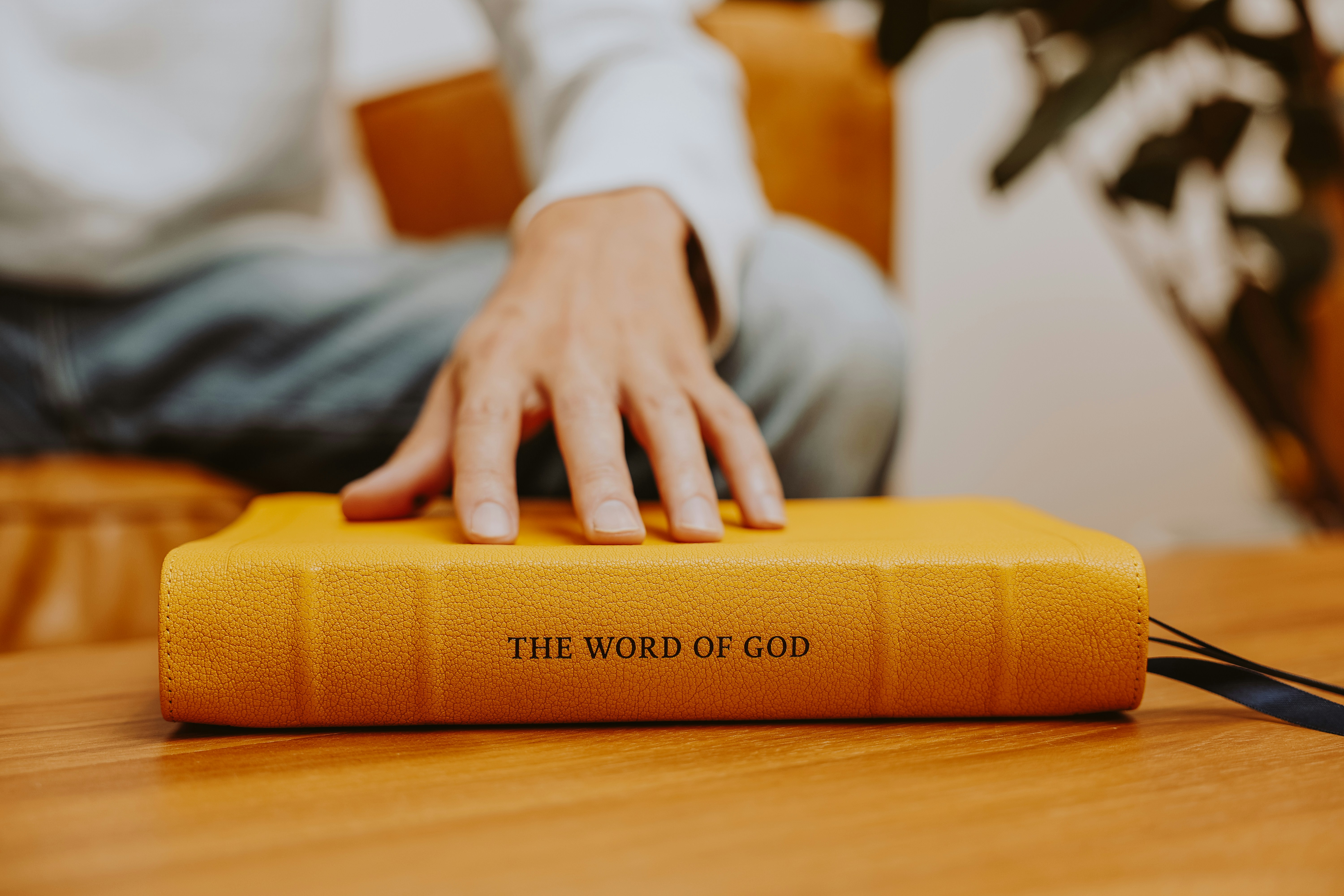 Eine Person, die auf einem Stuhl sitzt und die Hand auf ein Buch legt