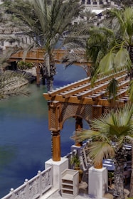 A view of a river with a bridge in the background