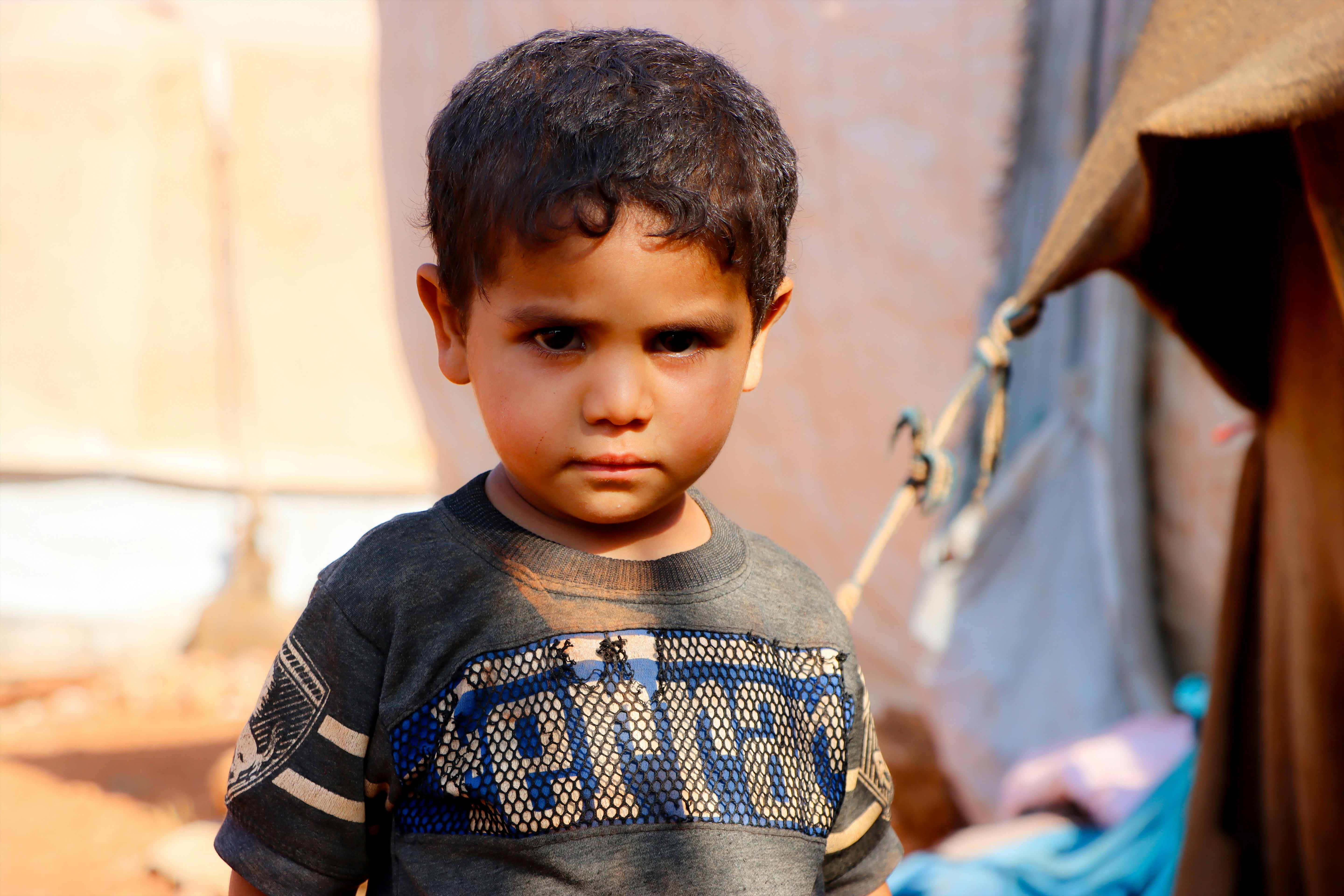 A young boy standing next to a horse