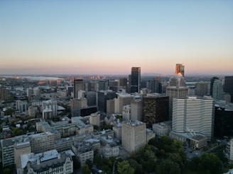 A view of a city with tall buildings