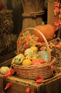 A basket filled with lots of different colored pumpkins