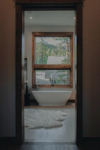 A bath room with a tub a window and a rug
