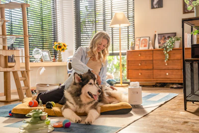 A woman sitting on the floor with two dogs