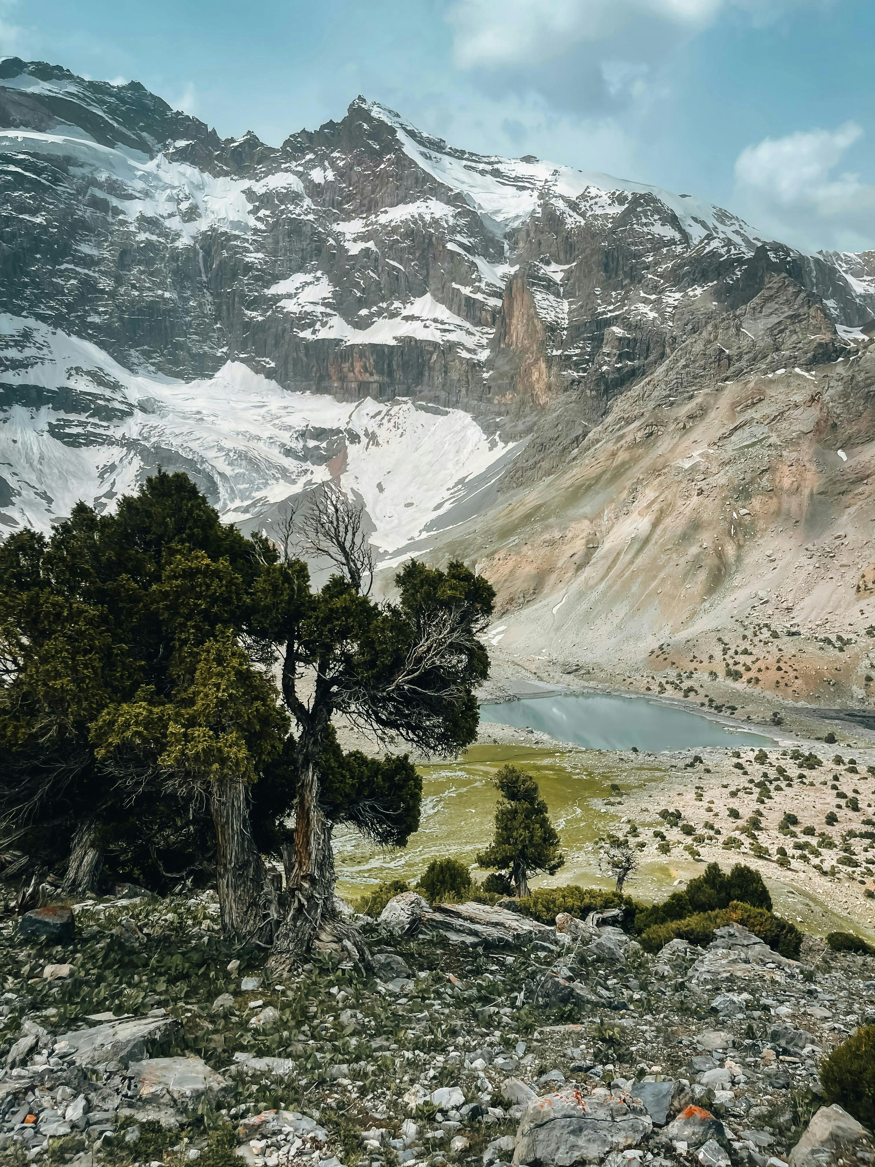 A view of a mountain range with a lake in the foreground