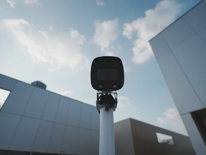 A street light with a building in the background