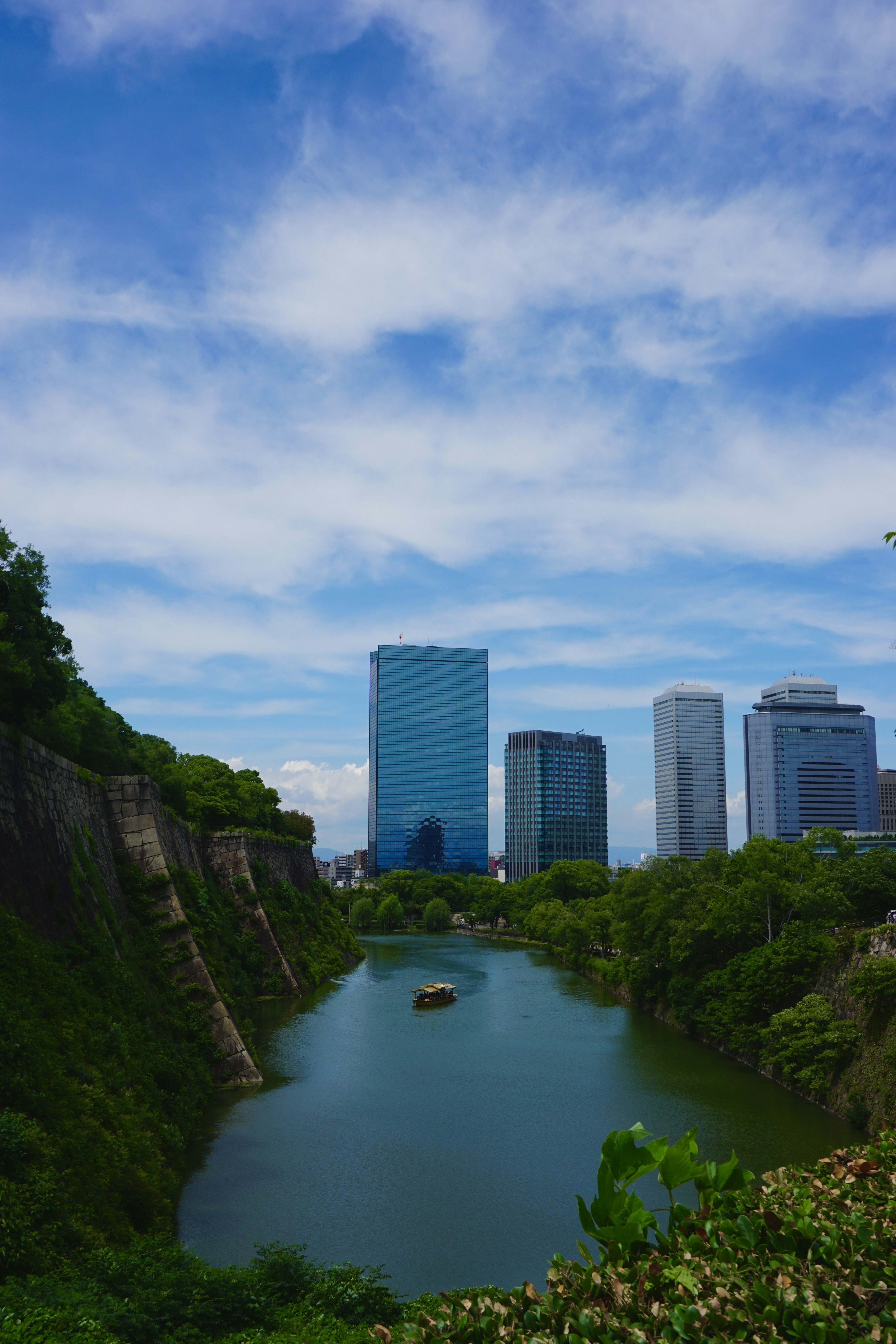 A river running through a lush green park next to tall buildings