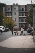 A group of people walking their dogs in a parking lot