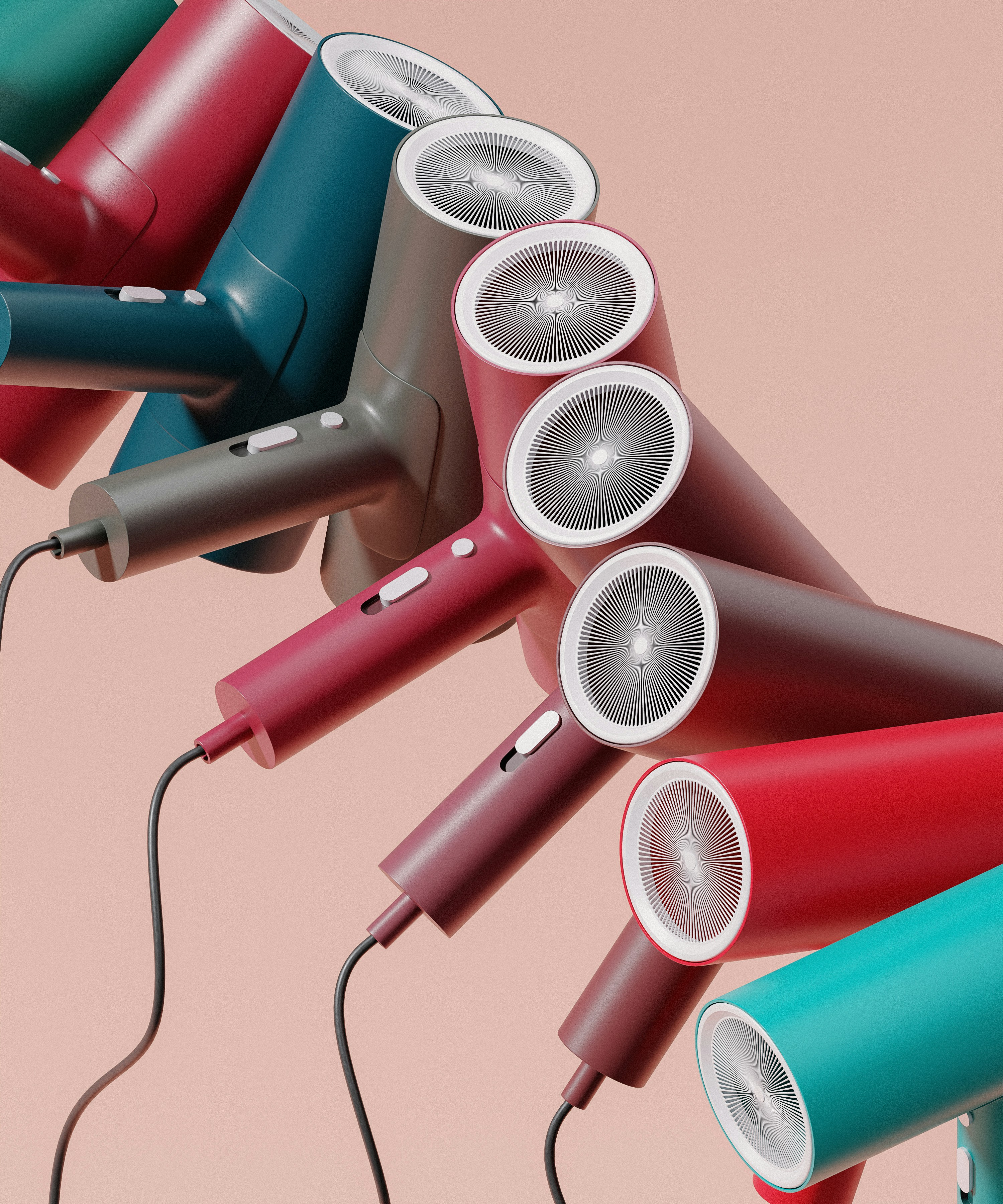 A bunch of different colored hair dryers sitting on top of each other