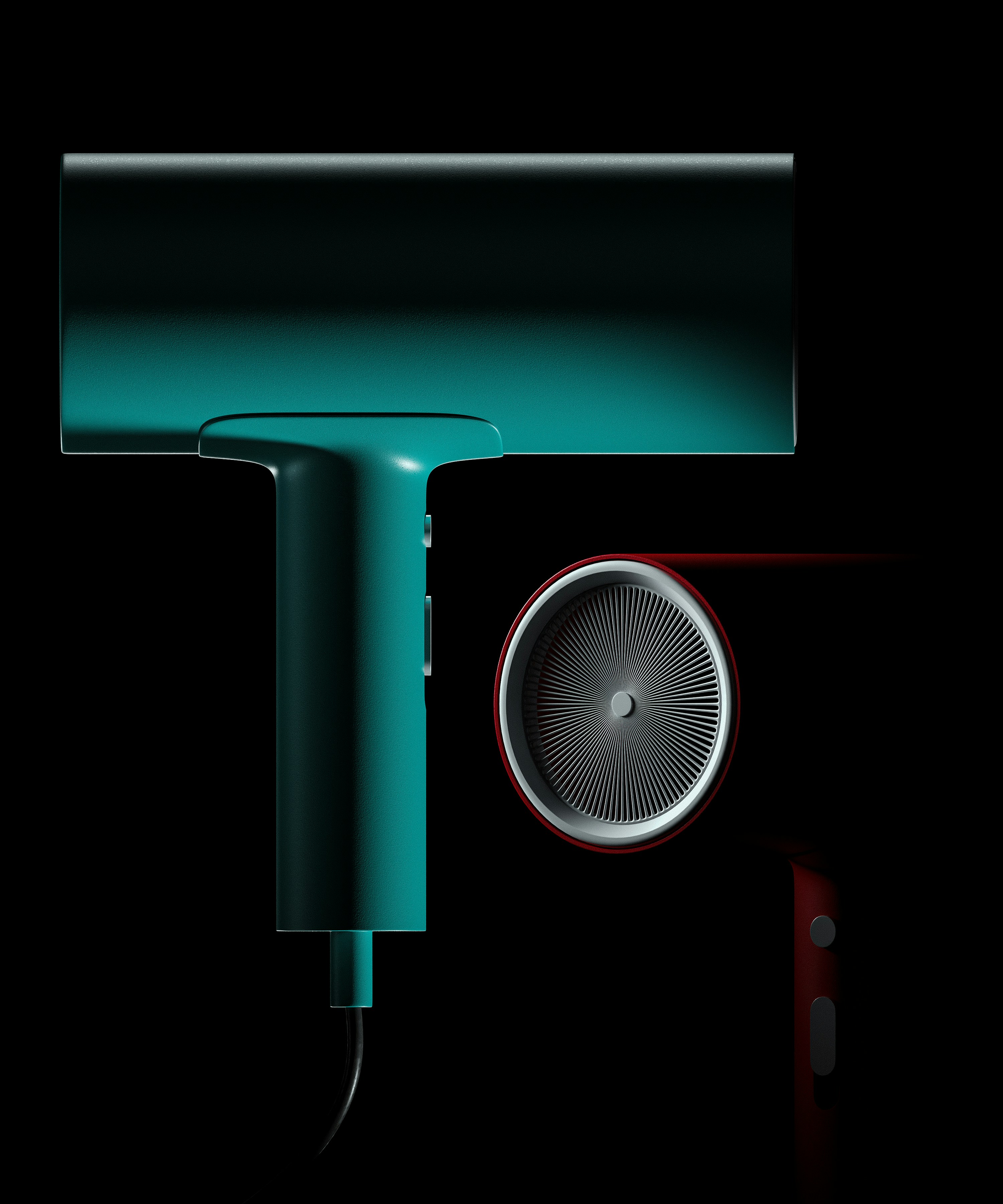 A green hair dryer sitting next to a speaker