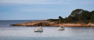 A couple of boats floating on top of a body of water