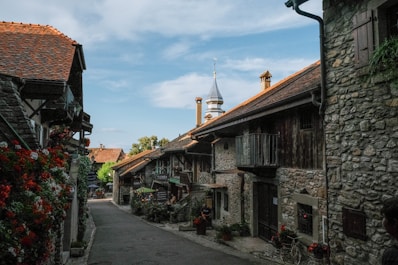A narrow street lined with old stone buildings