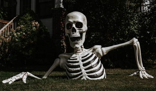 A skeleton sitting on the grass in front of a house