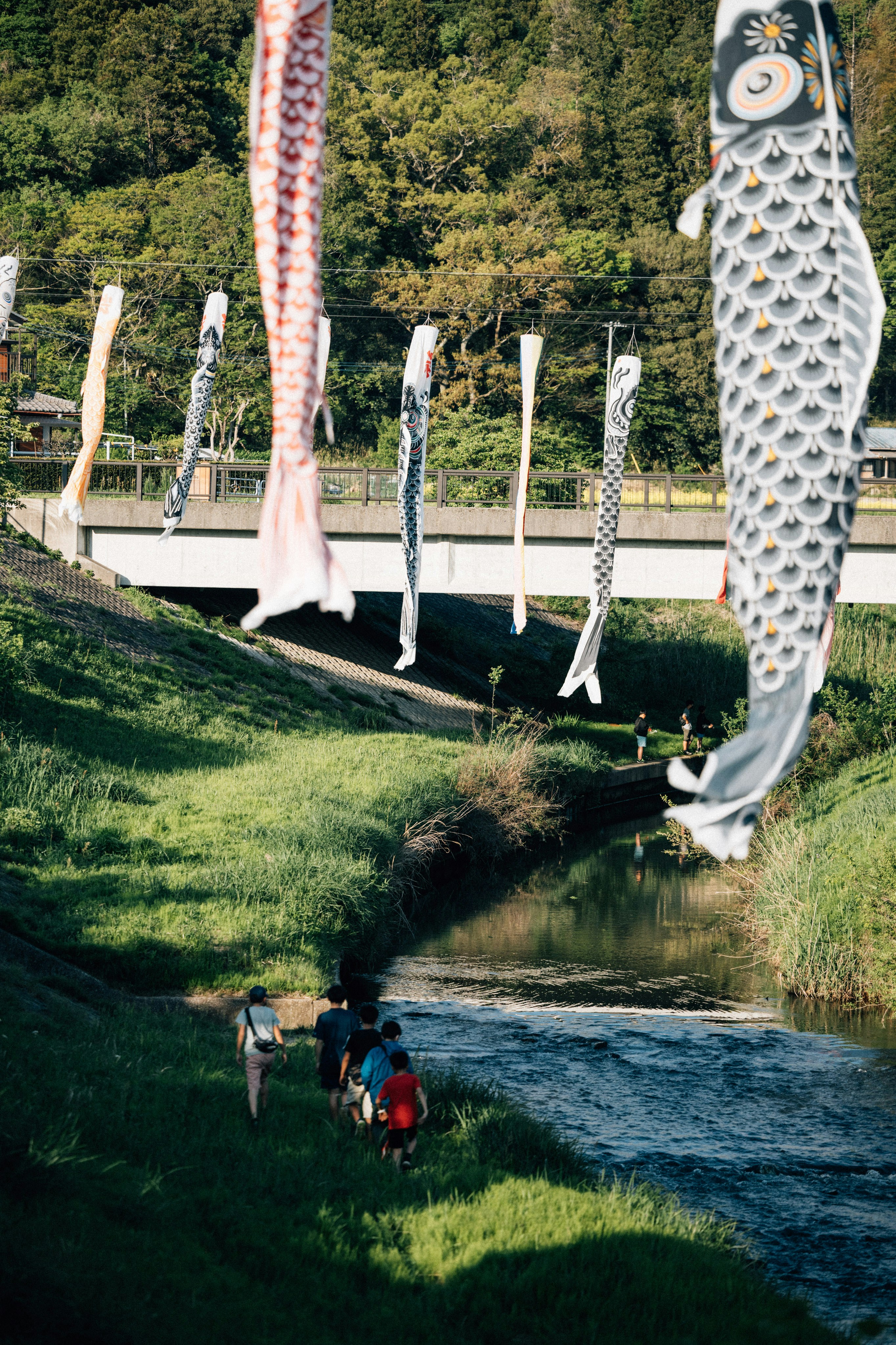 A group of people flying kites over a river