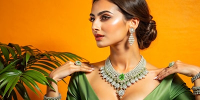 A woman in a green dress with a necklace and earrings
