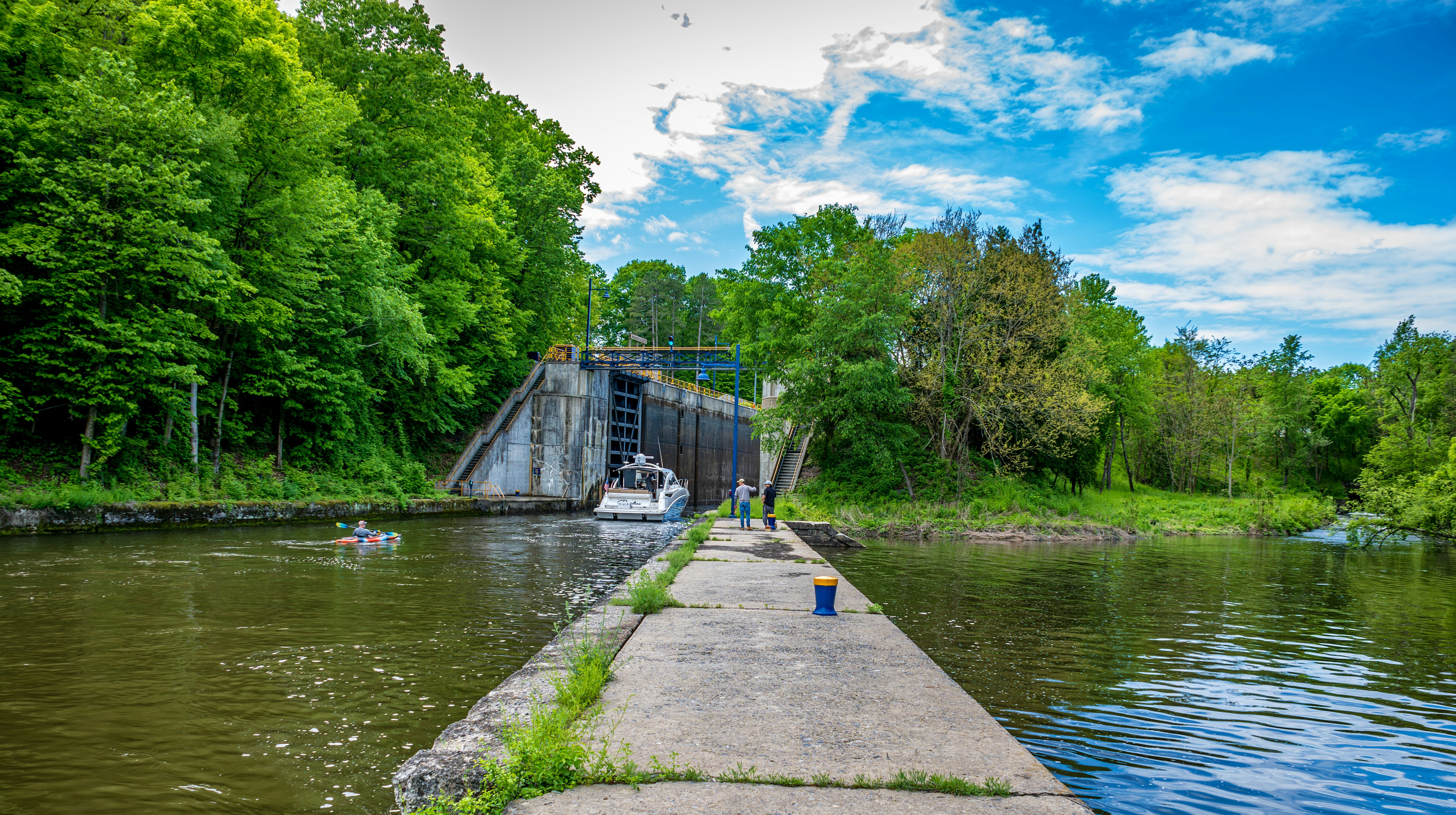 A river with a bridge going over it