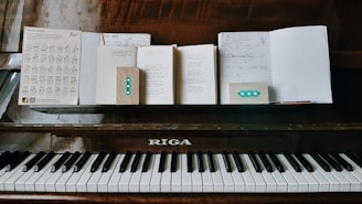 A close up of a piano with notes on it