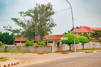 A street corner with a red roof and trees
