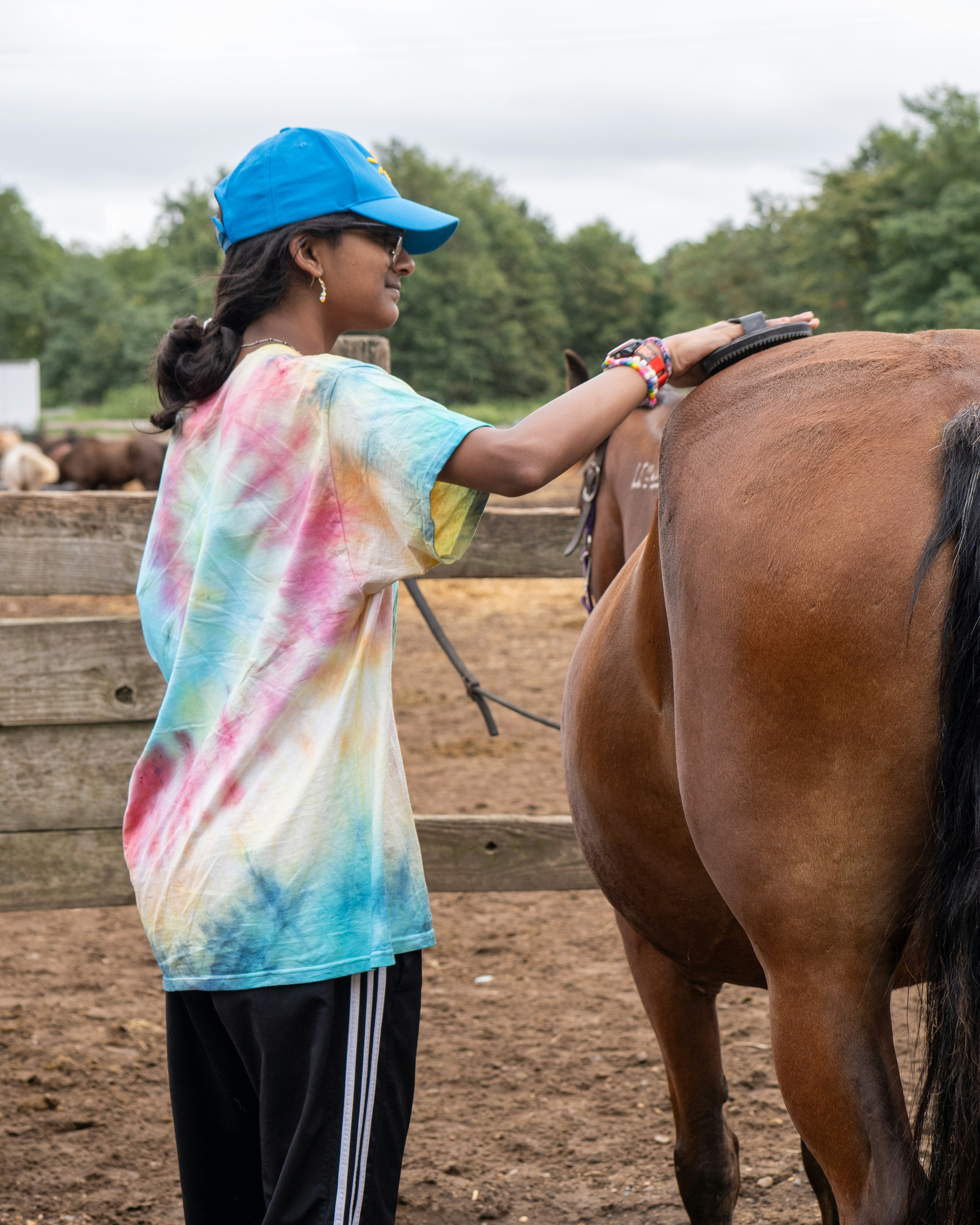 A young girl is petting a horse in a corral