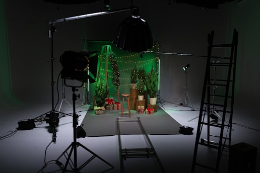 A photo studio set up with green lighting